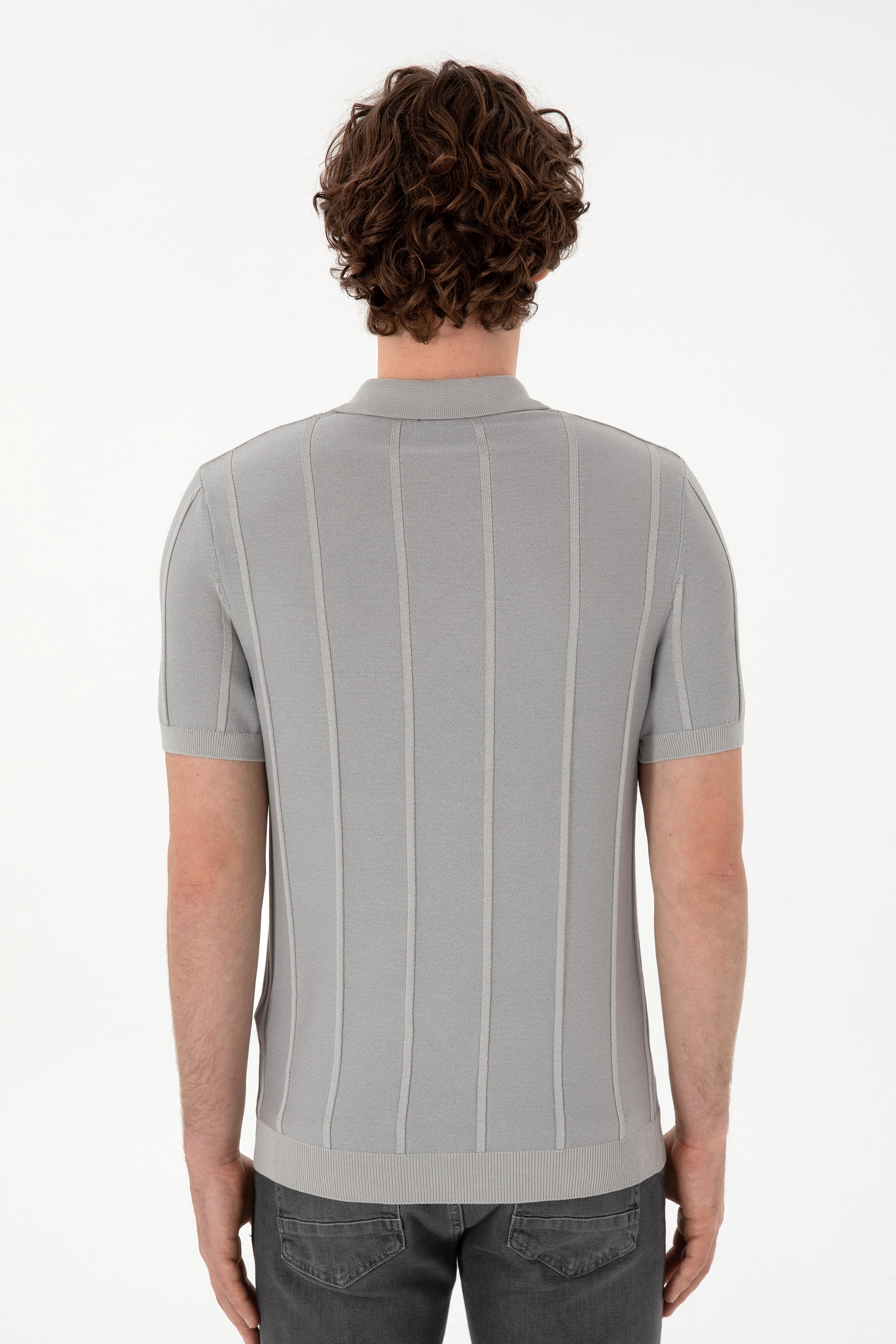 Erkek Slim Fit Polo Yaka Açık Gri Tişört - Image 5