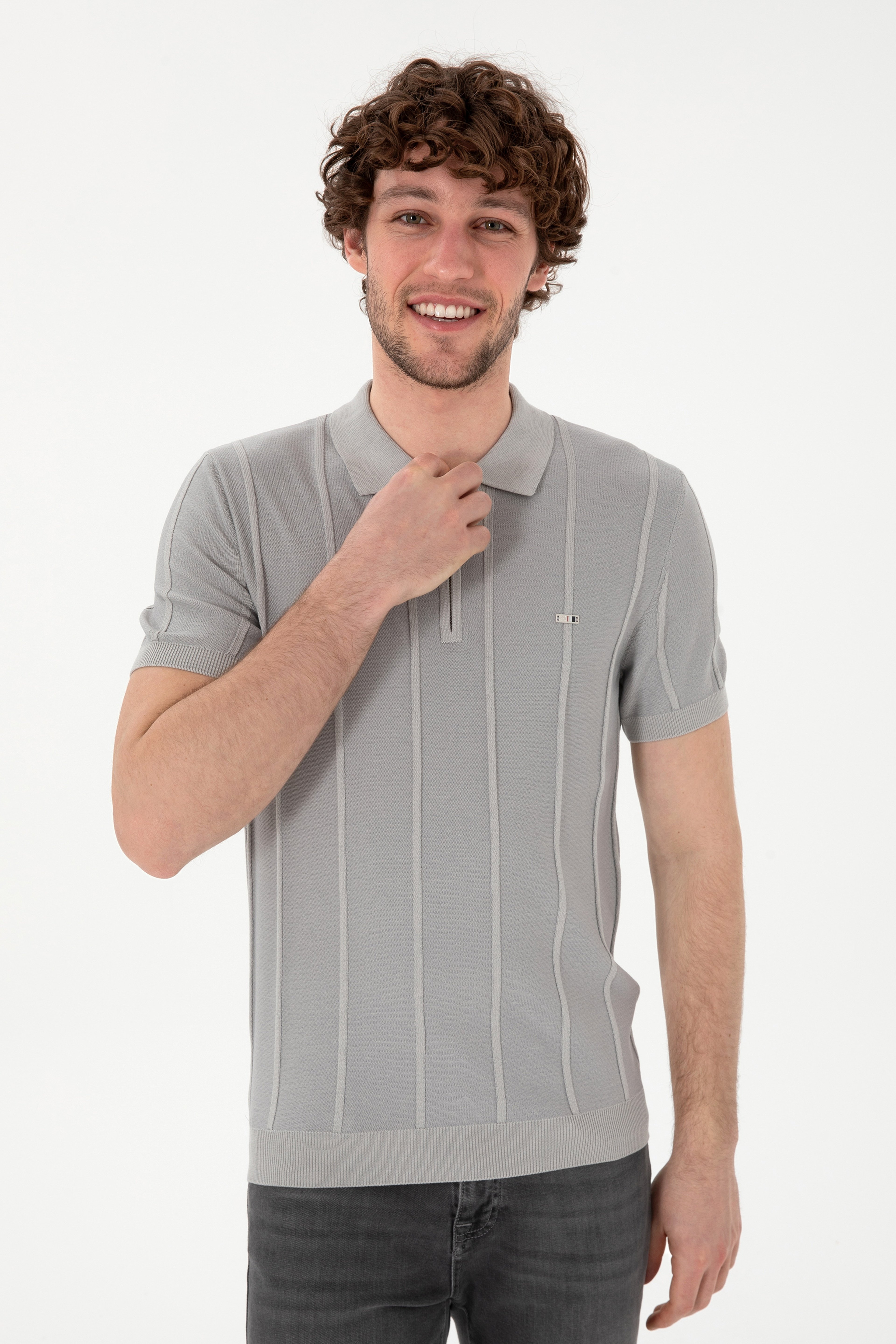 Erkek Slim Fit Polo Yaka Açık Gri Tişört - Image 3