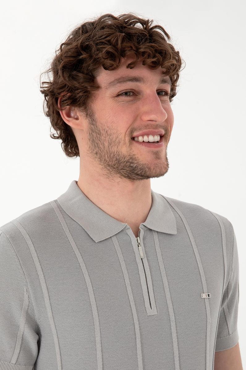 Erkek Slim Fit Polo Yaka Açık Gri Tişört