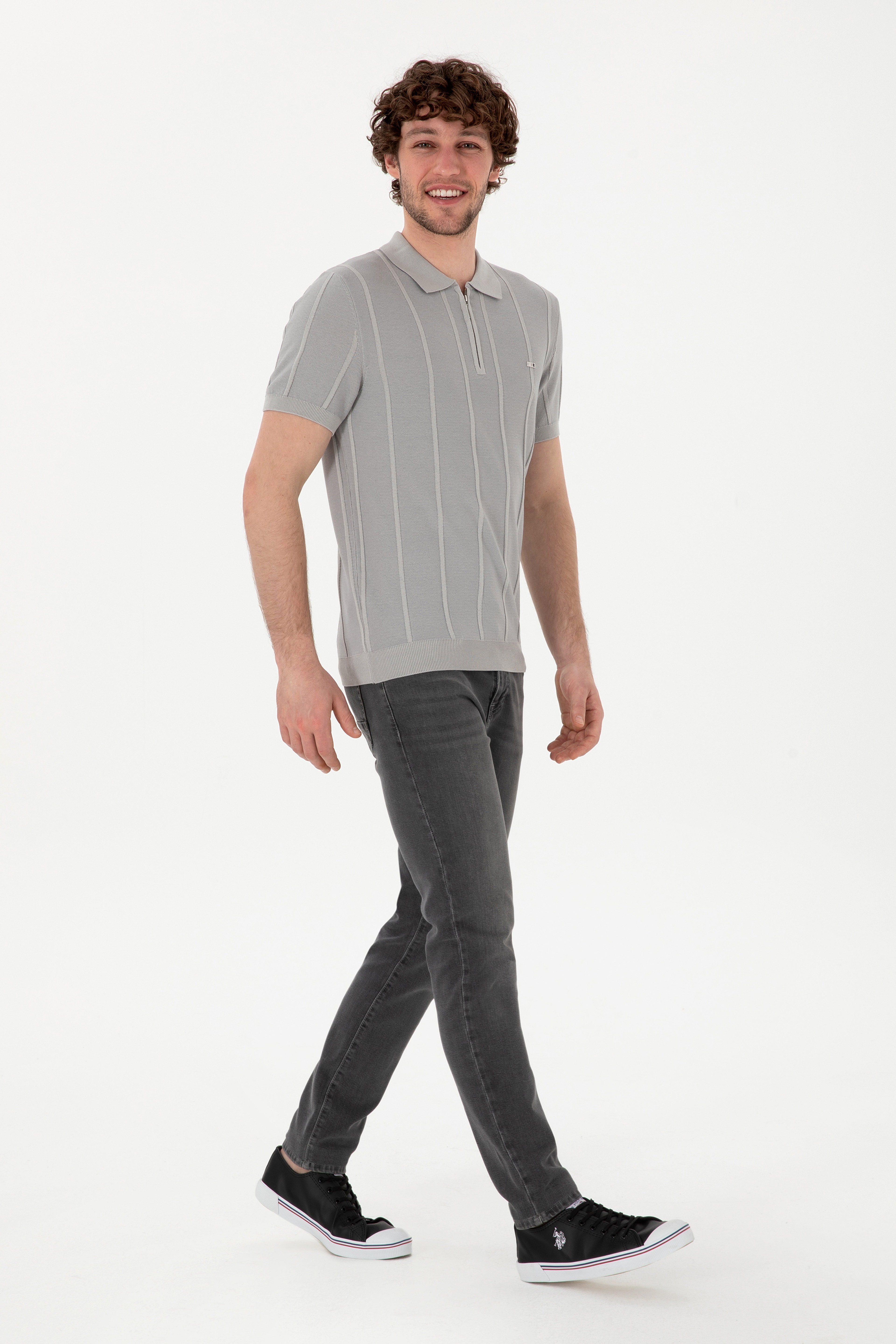 Erkek Slim Fit Polo Yaka Açık Gri Tişört