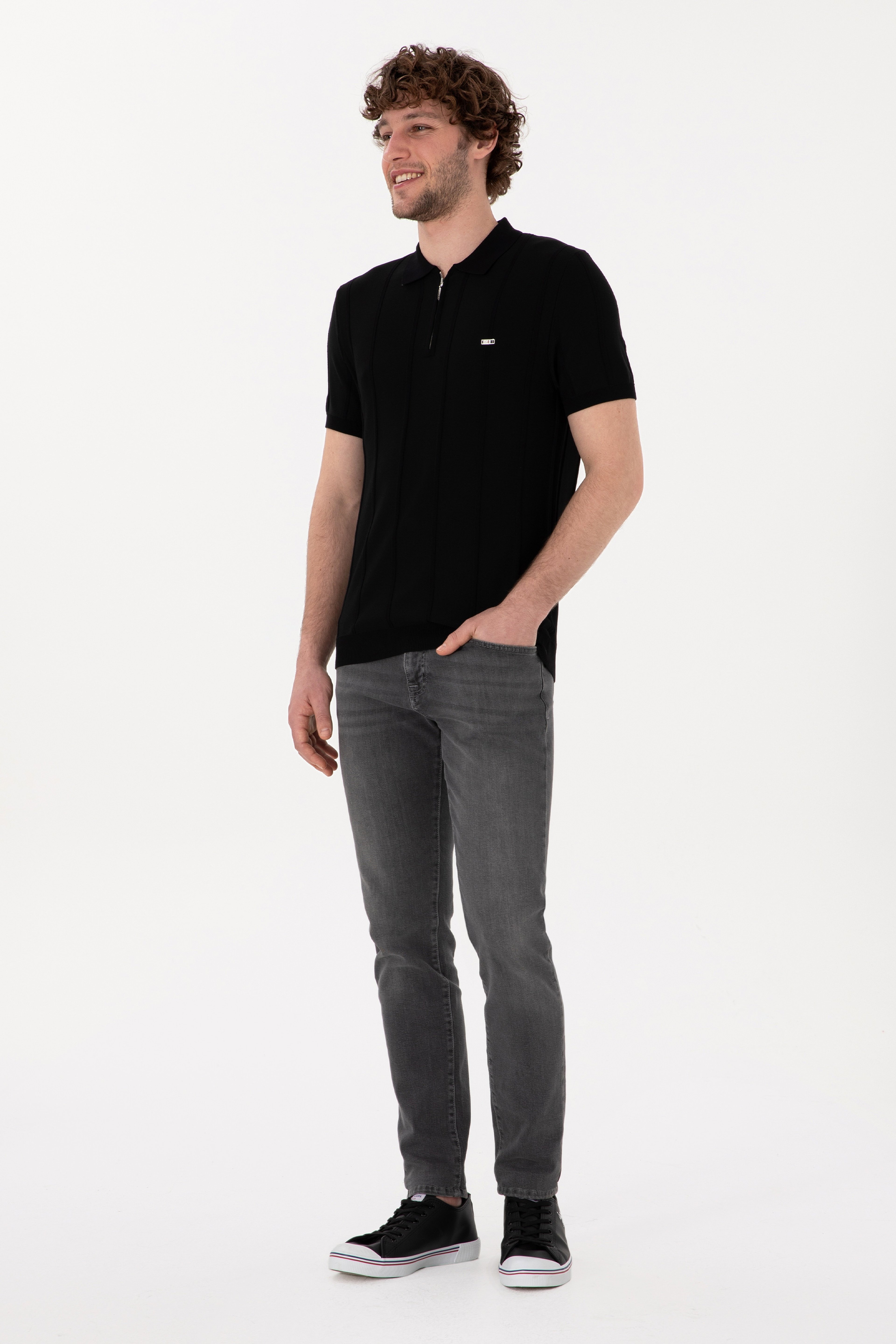 Erkek Slim Fit Polo Yaka Siyah Tişört - Image 4