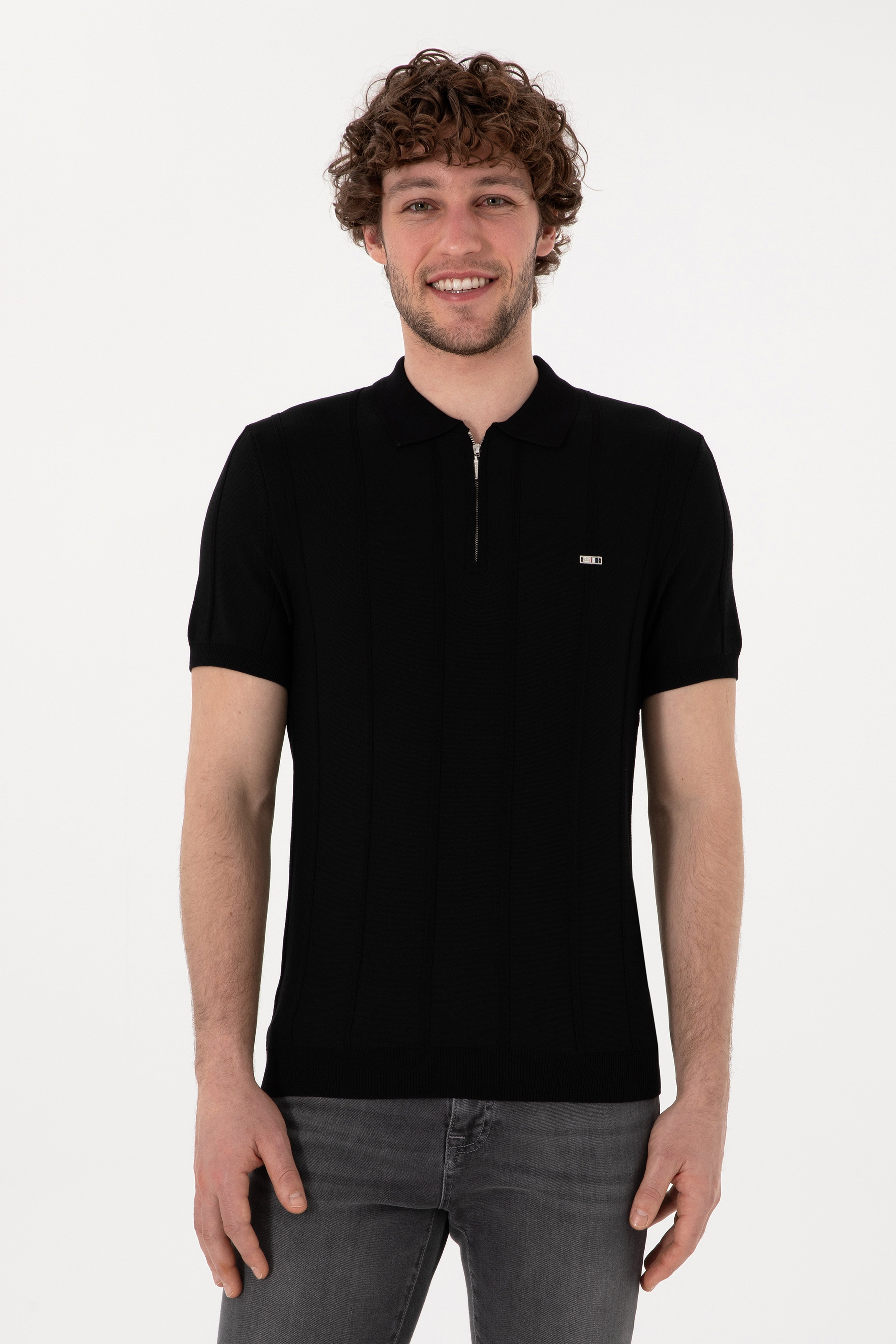 Erkek Slim Fit Polo Yaka Siyah Tişört - Image 1