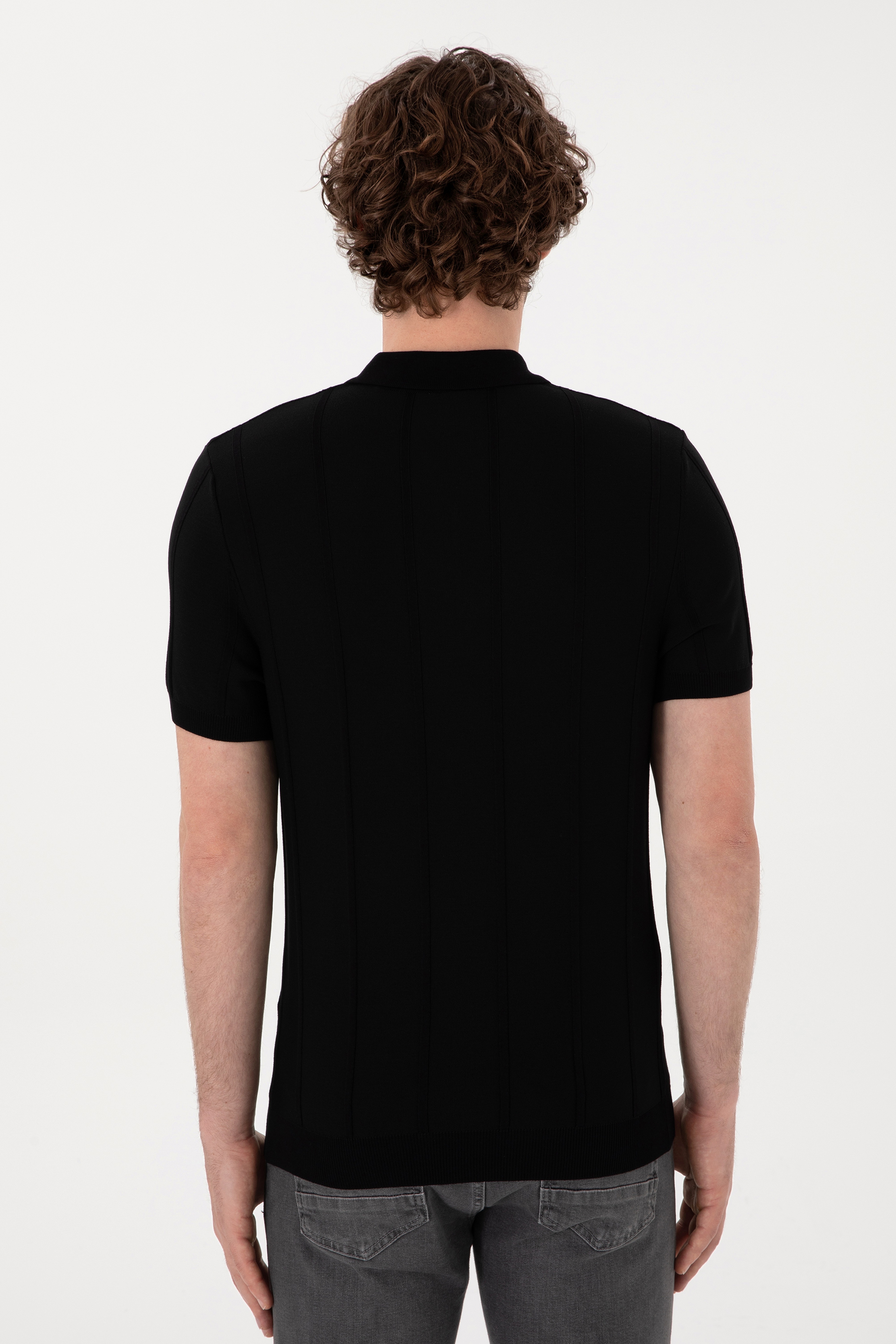 Erkek Slim Fit Polo Yaka Siyah Tişört - Image 5