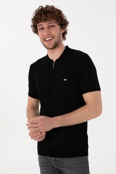 Erkek Slim Fit Polo Yaka Siyah Tişört