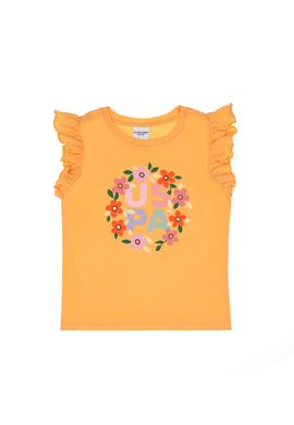Kız Çocuk Turuncu Bisiklet Yaka Pamuk Fırfırlı Çiçek Baskılı Tişört - 50306227005