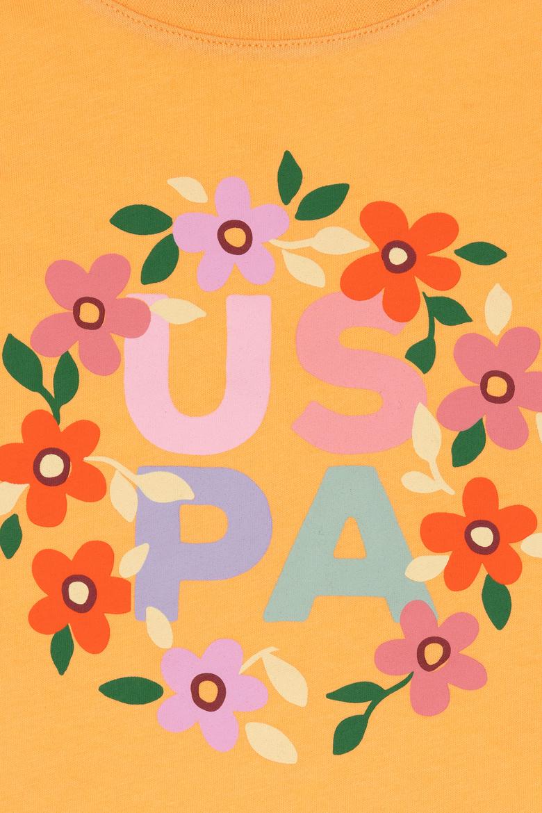 Kız Çocuk Turuncu Bisiklet Yaka Pamuk Fırfırlı Çiçek Baskılı Tişört - 50306227005