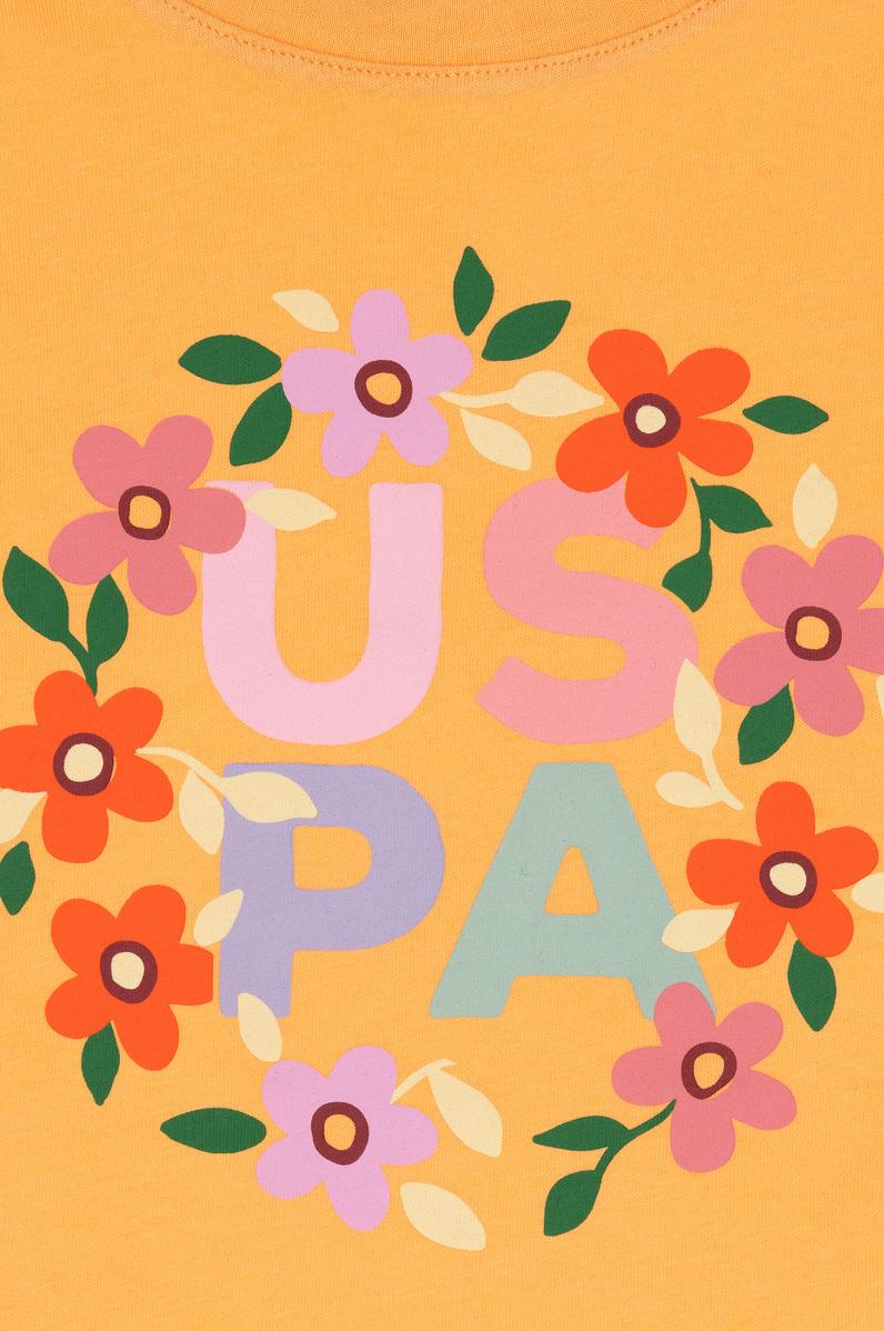 Kız Çocuk Turuncu Bisiklet Yaka Pamuk Fırfırlı Çiçek Baskılı Tişört