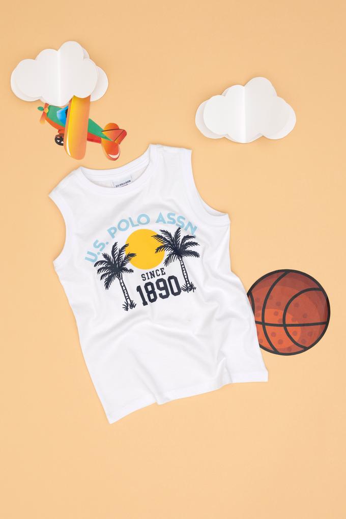 Erkek Çocuk Beyaz Kolsuz Bisikelt Yaka Tişört