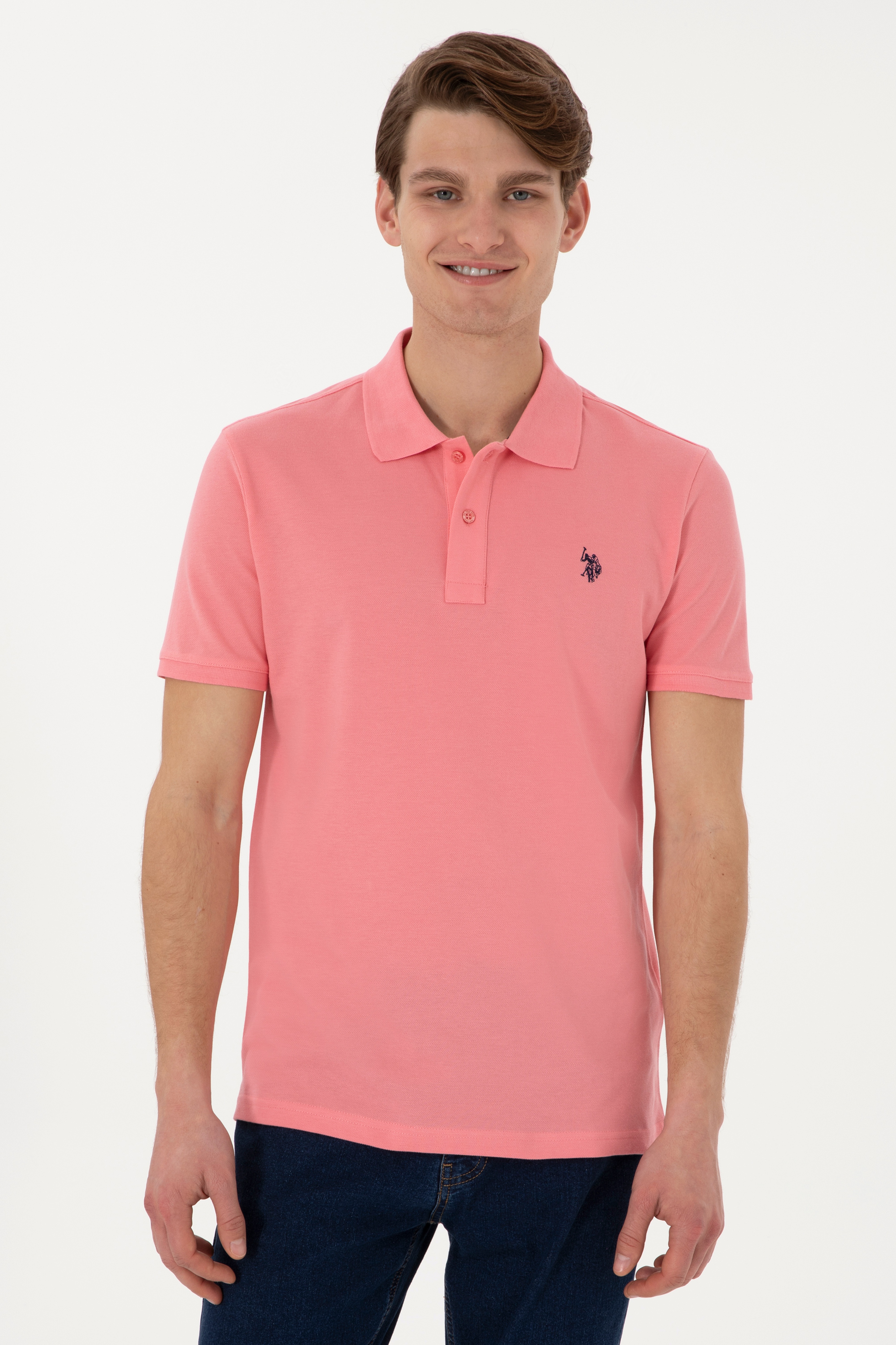 Erkek Slim Fit Polo Yaka Pembe Basic Tişört - Image 1