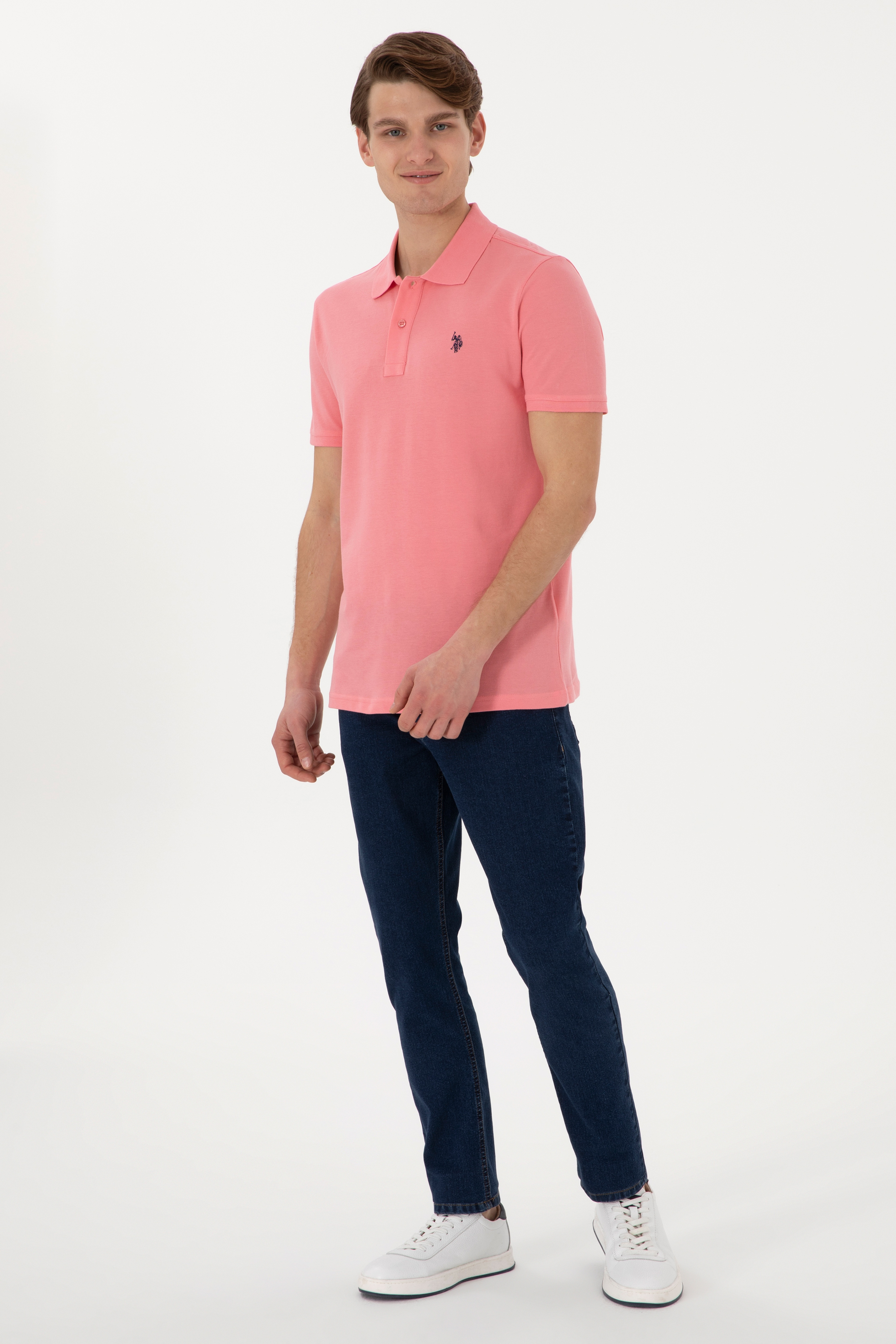 Erkek Slim Fit Polo Yaka Pembe Basic Tişört