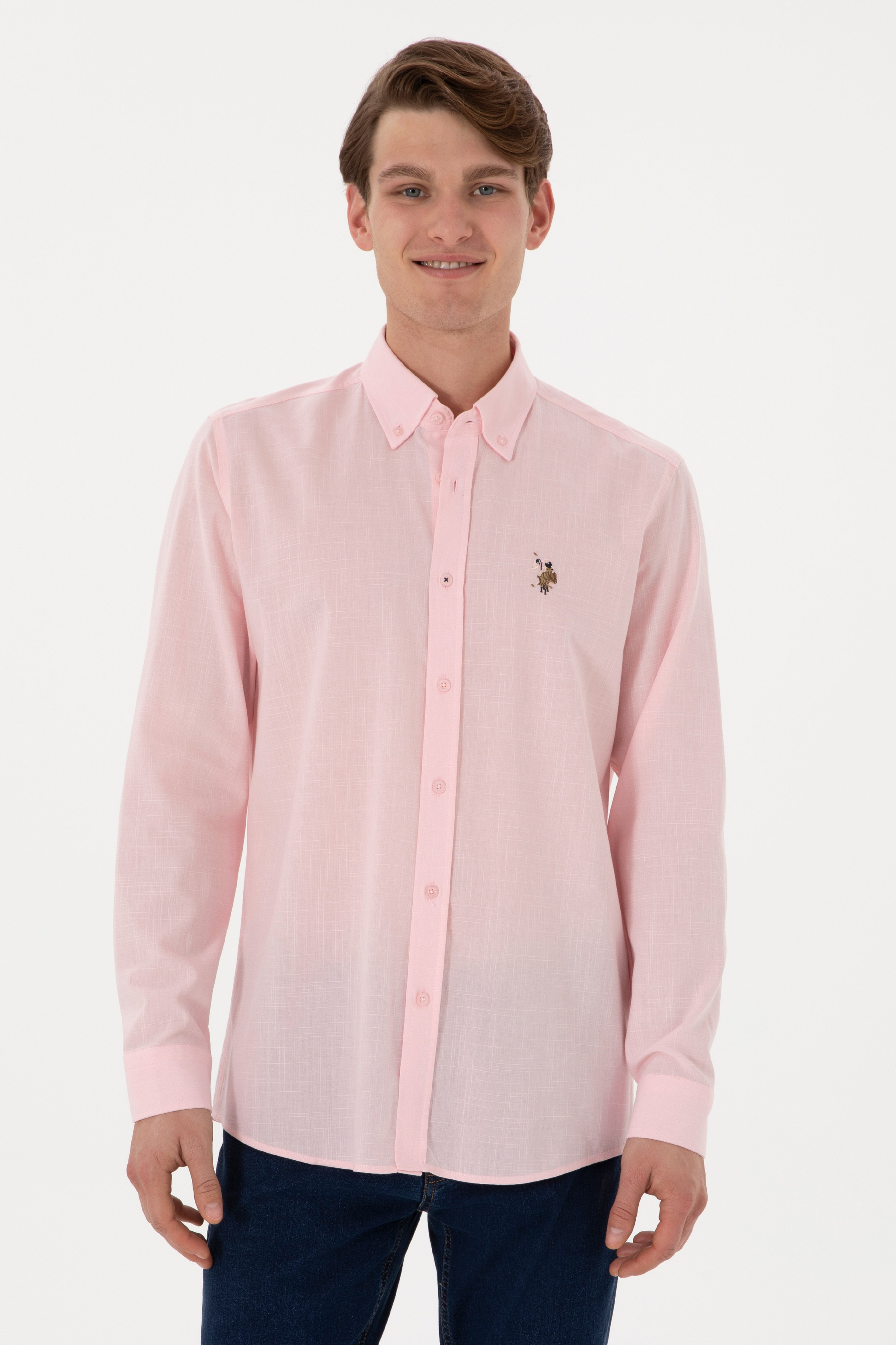 Erkek Açık Pembe Uzun Kollu Basic Gömlek - Image 1