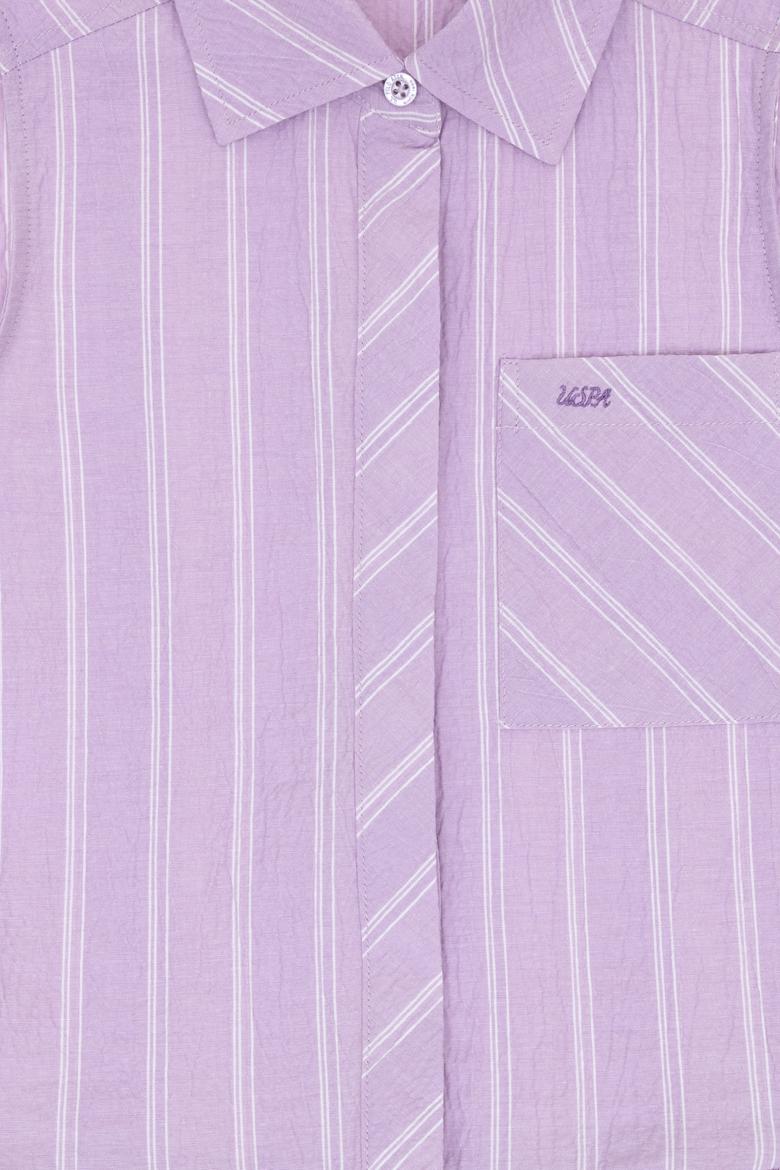 Kız Çocuk Lila Polo Yaka Kolsuz Çizgili Dokuma Elbise - 50306587013