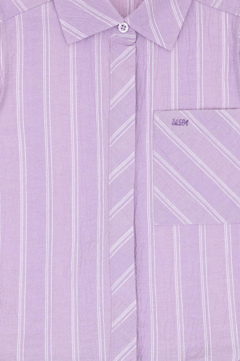 Kız Çocuk Lila Polo Yaka Kolsuz Çizgili Dokuma Elbise