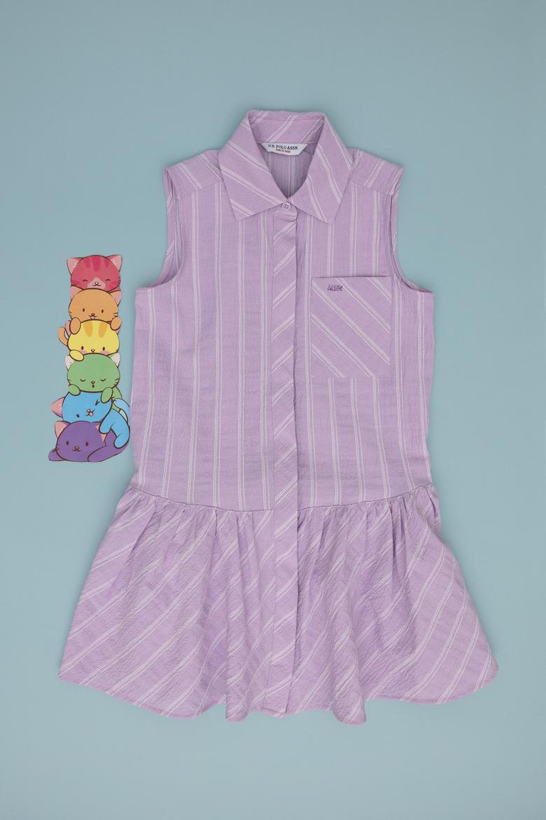 Kız Çocuk Lila Polo Yaka Kolsuz Çizgili Dokuma Elbise - 50306587013