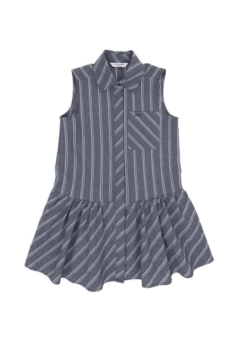 Kız Çocuk Lacivert Polo Yaka Kolsuz Çizgili Dokuma Elbise - 50306587001