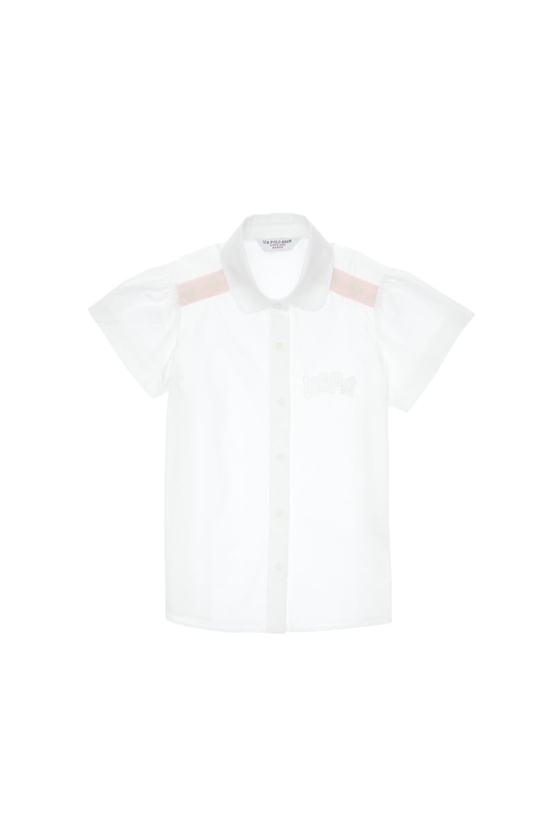 Kız Çocuk Beyaz Büzgü Detaylı Pamuk Kısa Kollu Gömlek