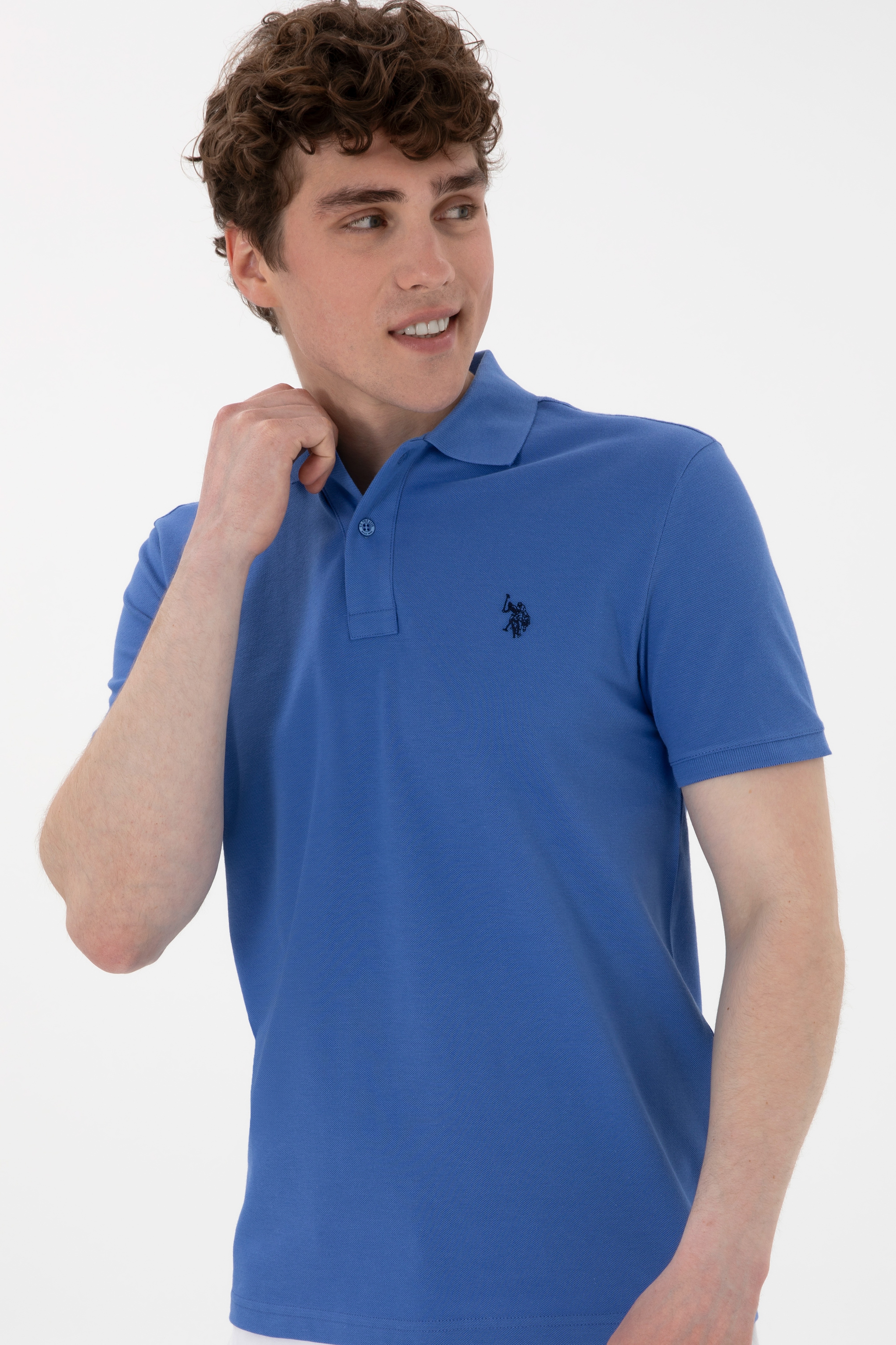 Erkek Slim Fit Polo Yaka İndigo Basic Tişört - Image 3