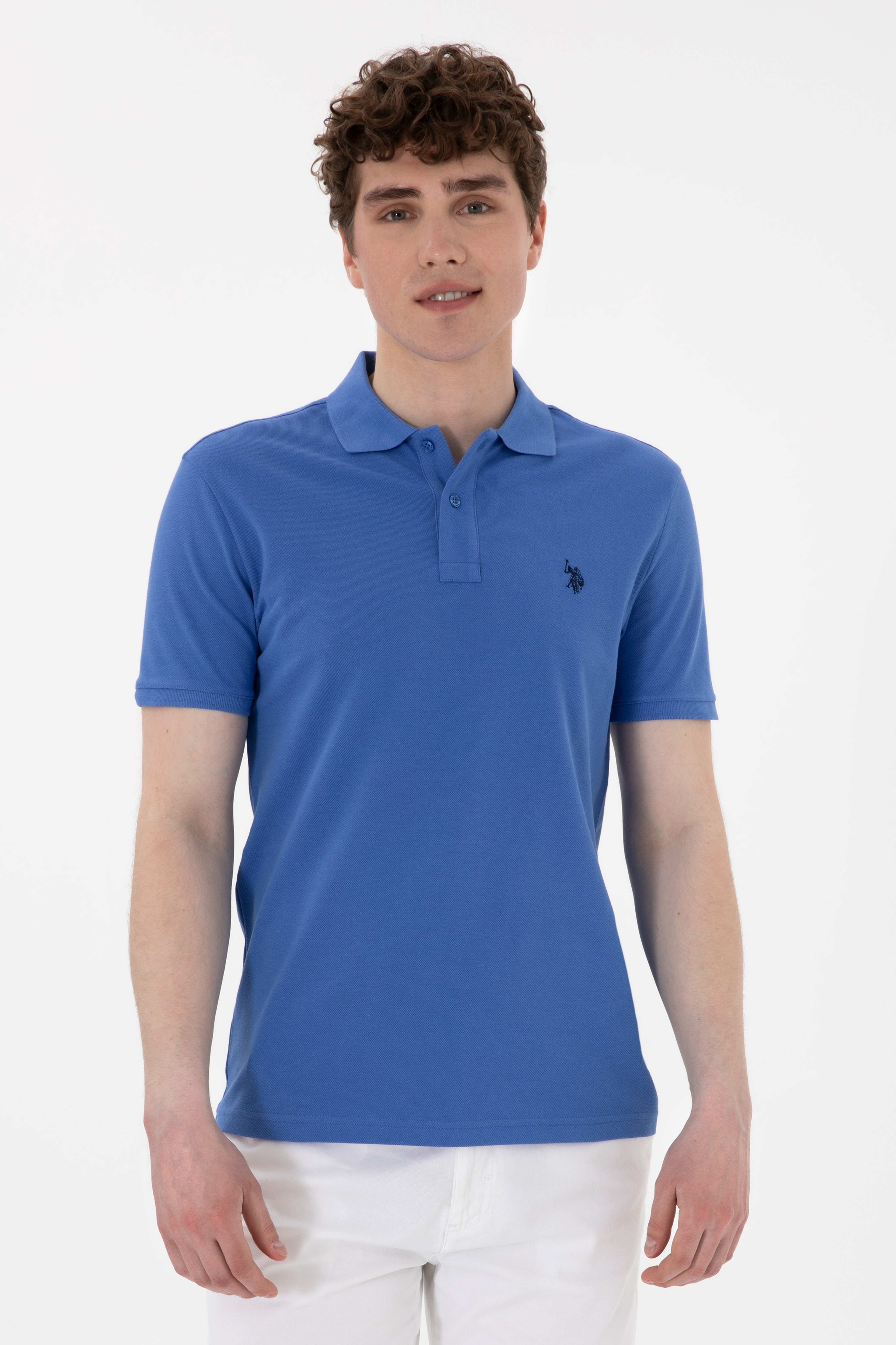 Erkek Slim Fit Polo Yaka İndigo Basic Tişört - Image 1