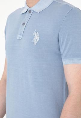 Erkek Slim Fit Polo Yaka Mavi Yıkamalı Basic Tişört - 50298053198