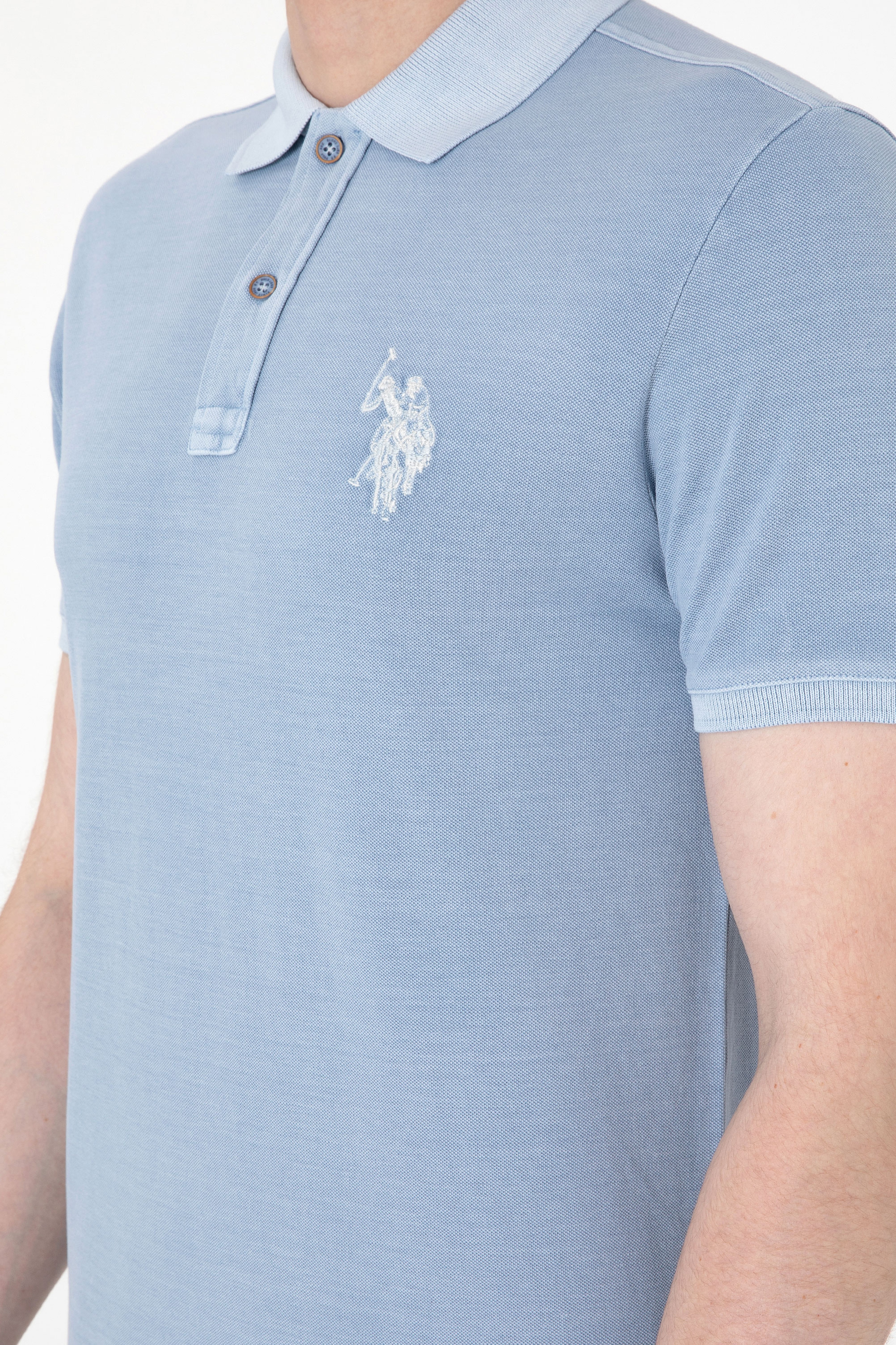 Erkek Slim Fit Polo Yaka Mavi Yıkamalı Basic Tişört