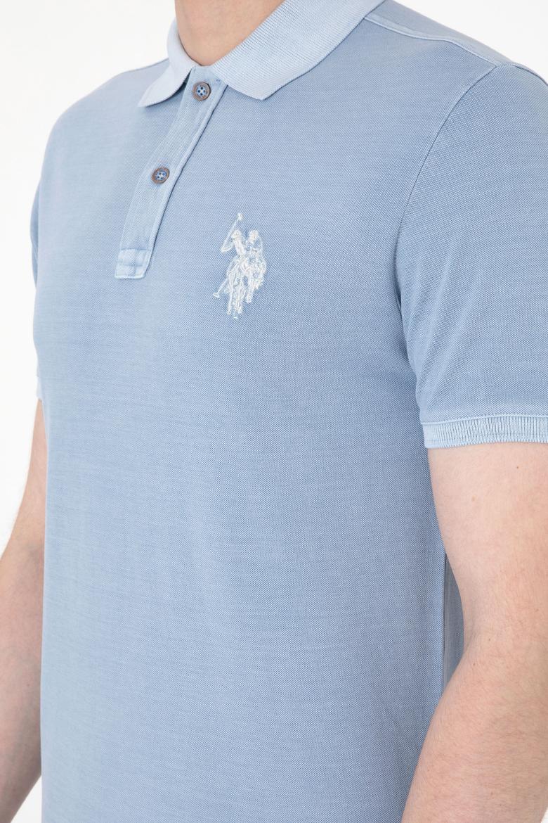 Erkek Slim Fit Polo Yaka Mavi Yıkamalı Basic Tişört - 50298053198