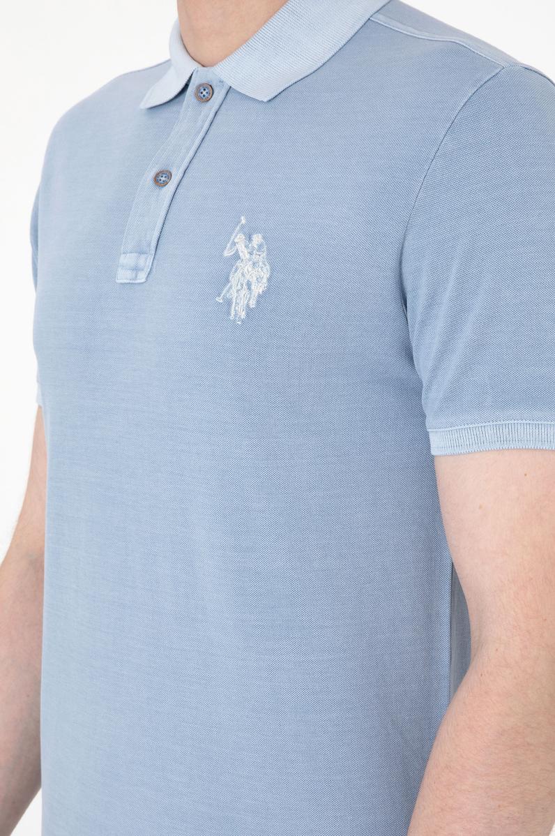 Erkek Slim Fit Polo Yaka Mavi Yıkamalı Basic Tişört