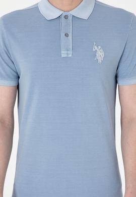 Erkek Slim Fit Polo Yaka Mavi Yıkamalı Basic Tişört - 50298053198