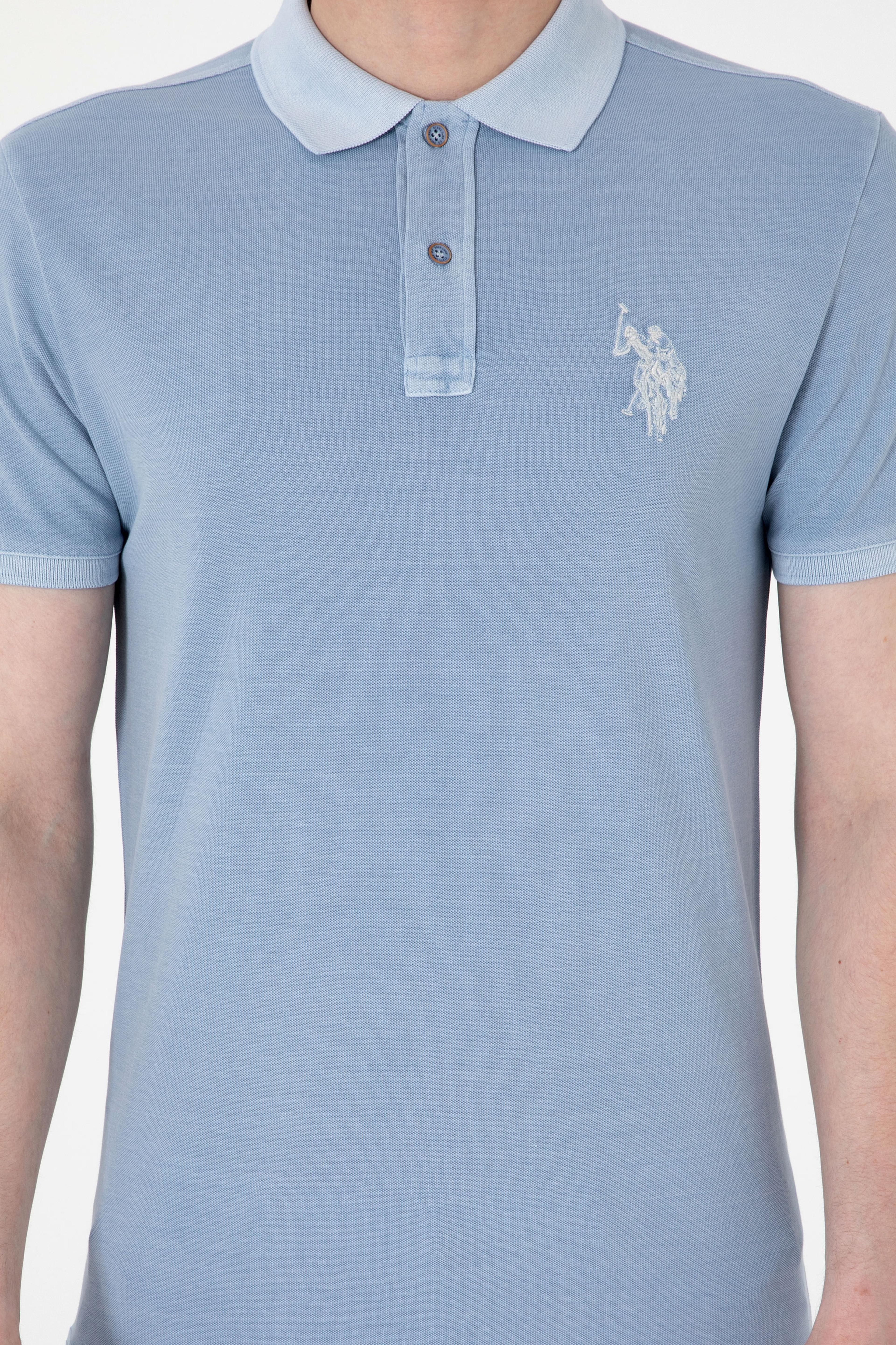 Erkek Slim Fit Polo Yaka Mavi Yıkamalı Basic Tişört - Image 6