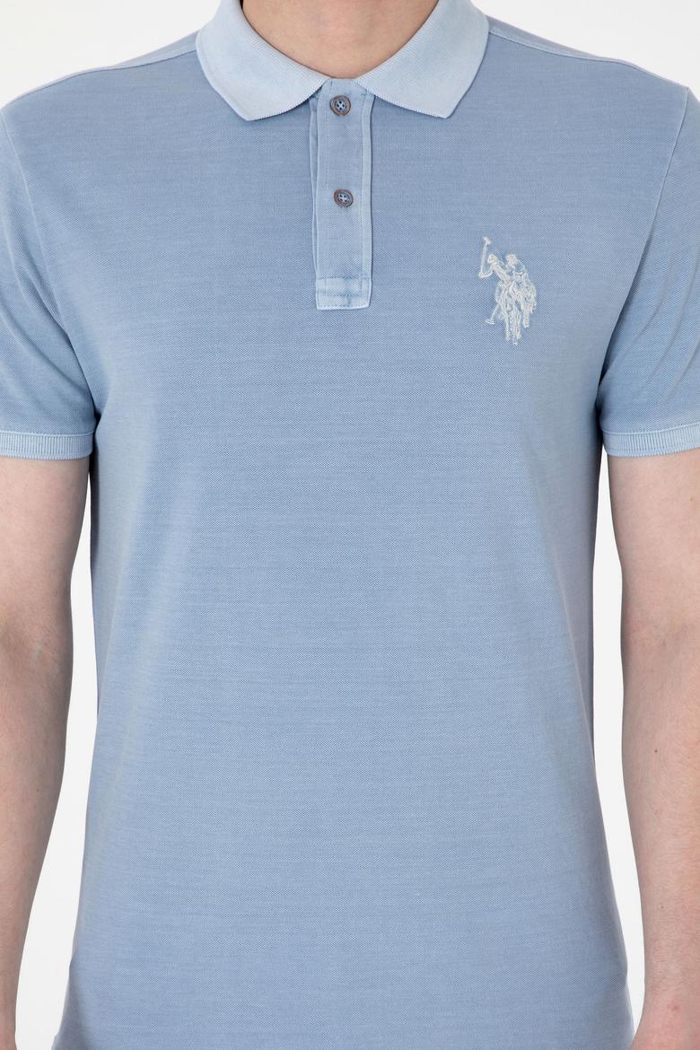 Erkek Slim Fit Polo Yaka Mavi Yıkamalı Basic Tişört - 50298053198