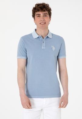 Erkek Slim Fit Polo Yaka Mavi Yıkamalı Basic Tişört - 50298053198