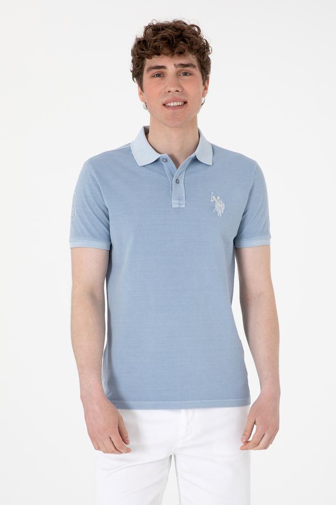 Erkek Slim Fit Polo Yaka Mavi Yıkamalı Basic Tişört