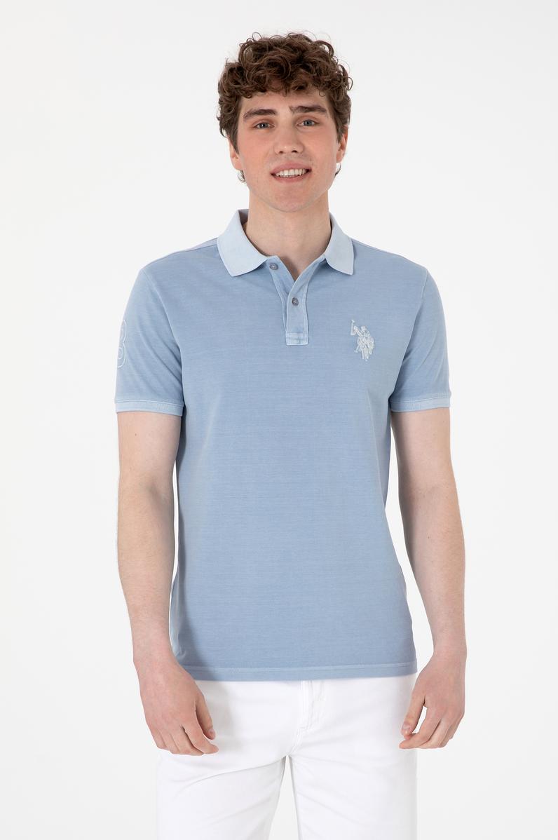 Erkek Slim Fit Polo Yaka Mavi Yıkamalı Basic Tişört