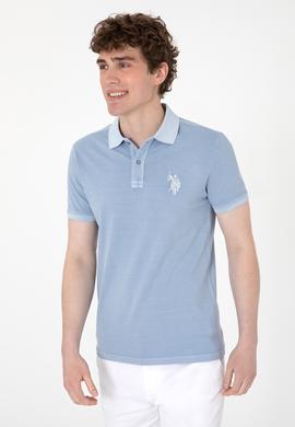 Erkek Slim Fit Polo Yaka Mavi Yıkamalı Basic Tişört - 50298053198
