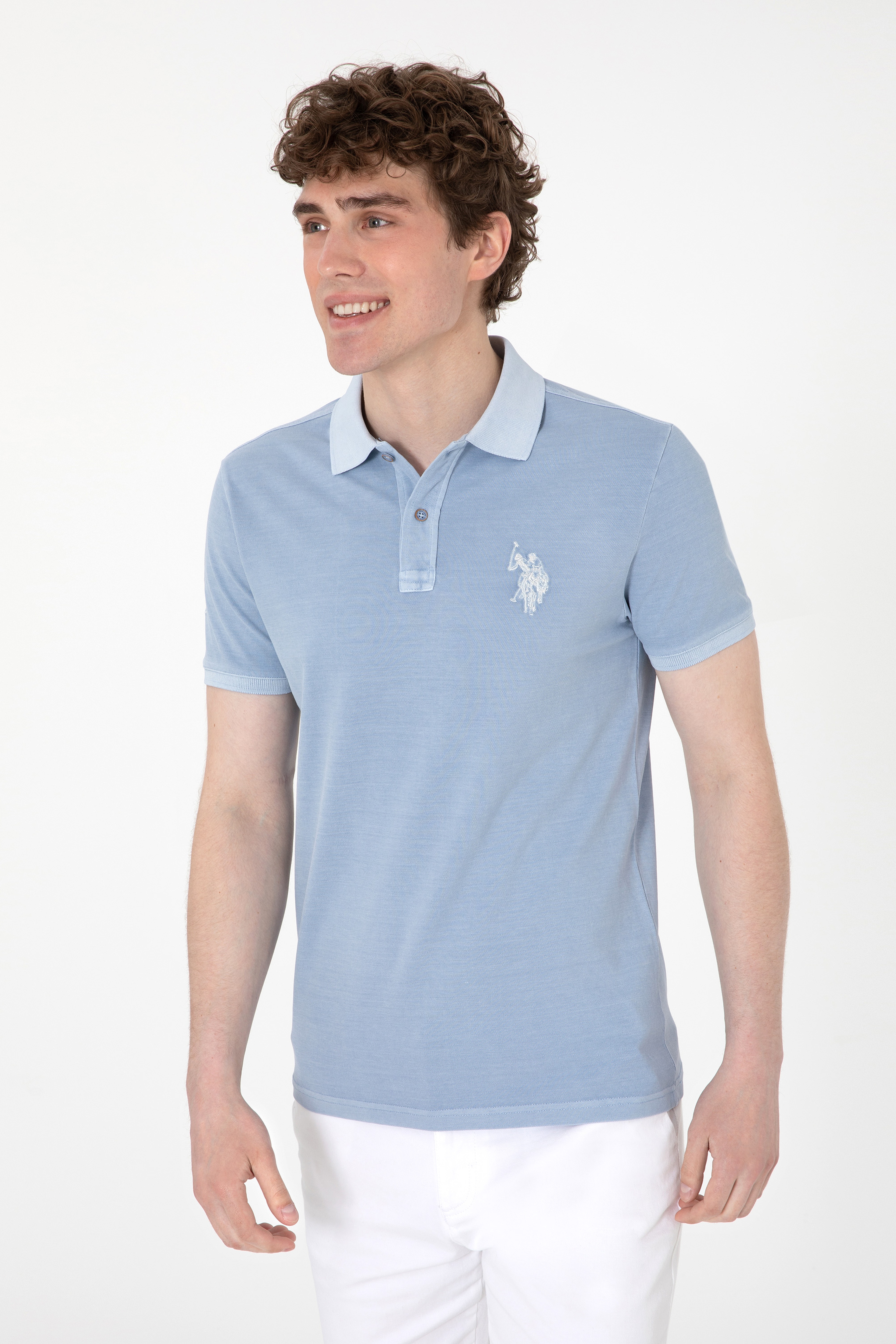 Erkek Slim Fit Polo Yaka Mavi Yıkamalı Basic Tişört