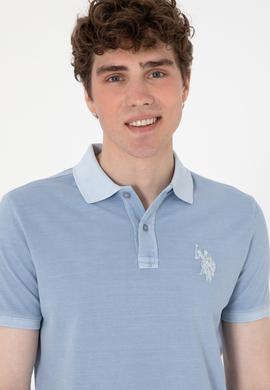 Erkek Slim Fit Polo Yaka Mavi Yıkamalı Basic Tişört - 50298053198