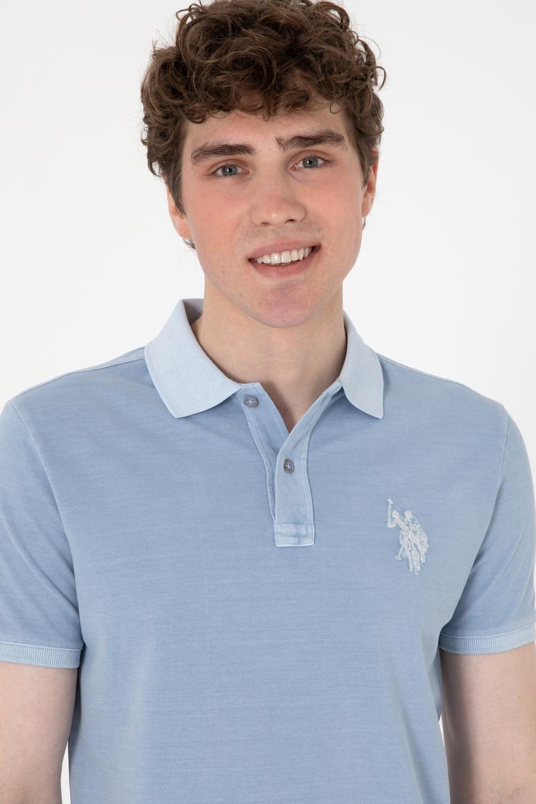 Erkek Slim Fit Polo Yaka Mavi Yıkamalı Basic Tişört - 50298053198