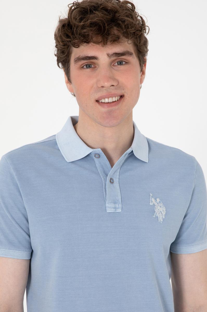 Erkek Slim Fit Polo Yaka Mavi Yıkamalı Basic Tişört