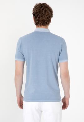 Erkek Slim Fit Polo Yaka Mavi Yıkamalı Basic Tişört - 50298053198