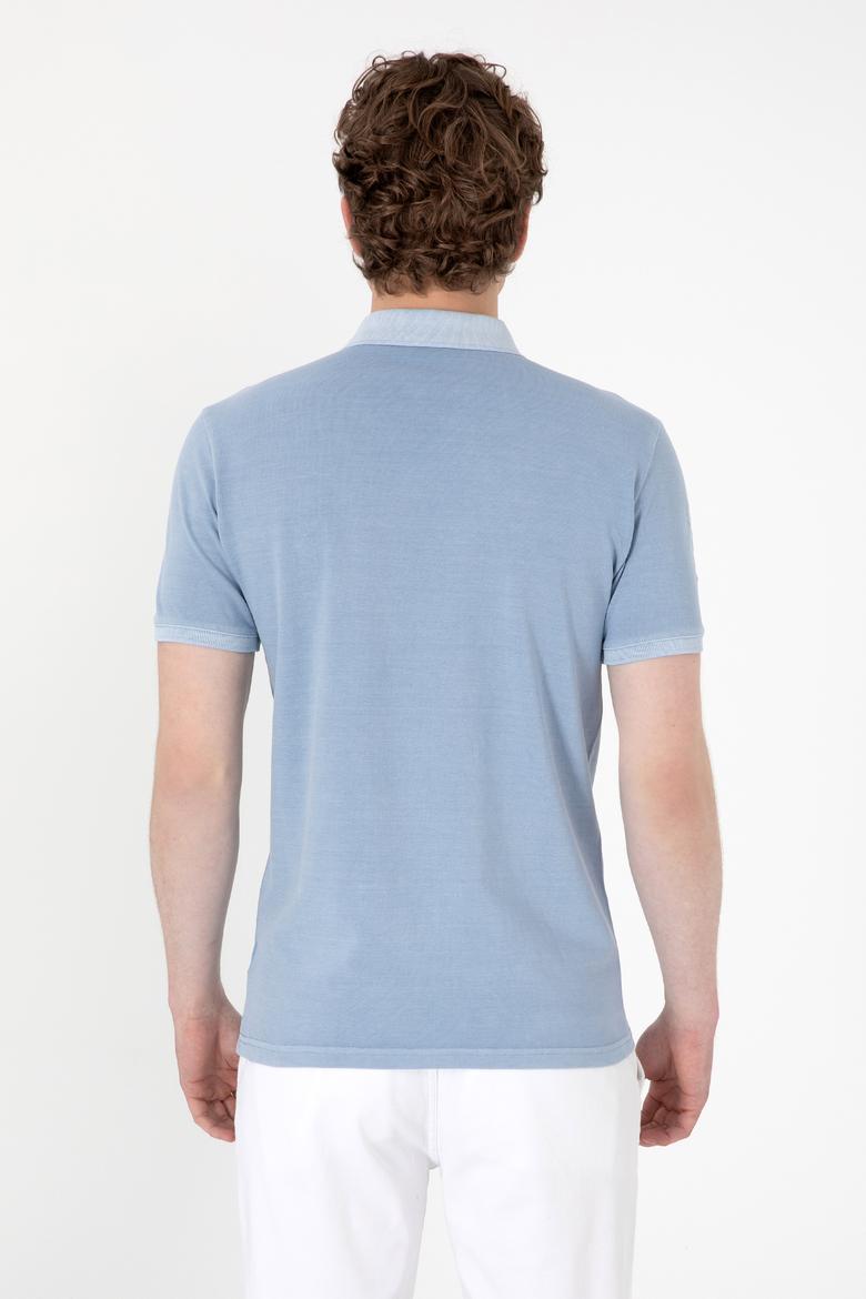 Erkek Slim Fit Polo Yaka Mavi Yıkamalı Basic Tişört - 50298053198