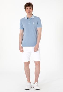 Erkek Slim Fit Polo Yaka Mavi Yıkamalı Basic Tişört - 50298053198
