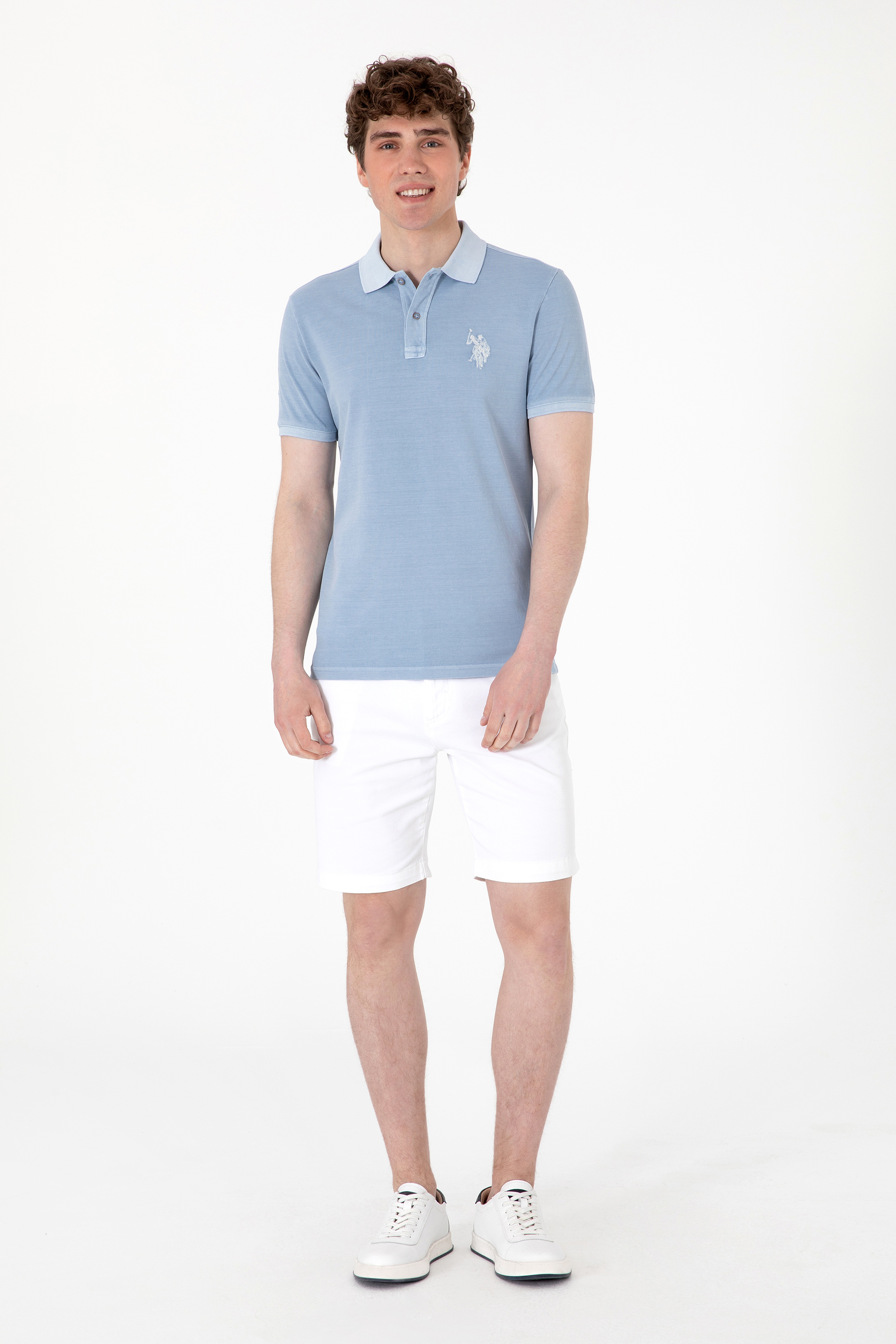Erkek Slim Fit Polo Yaka Mavi Yıkamalı Basic Tişört