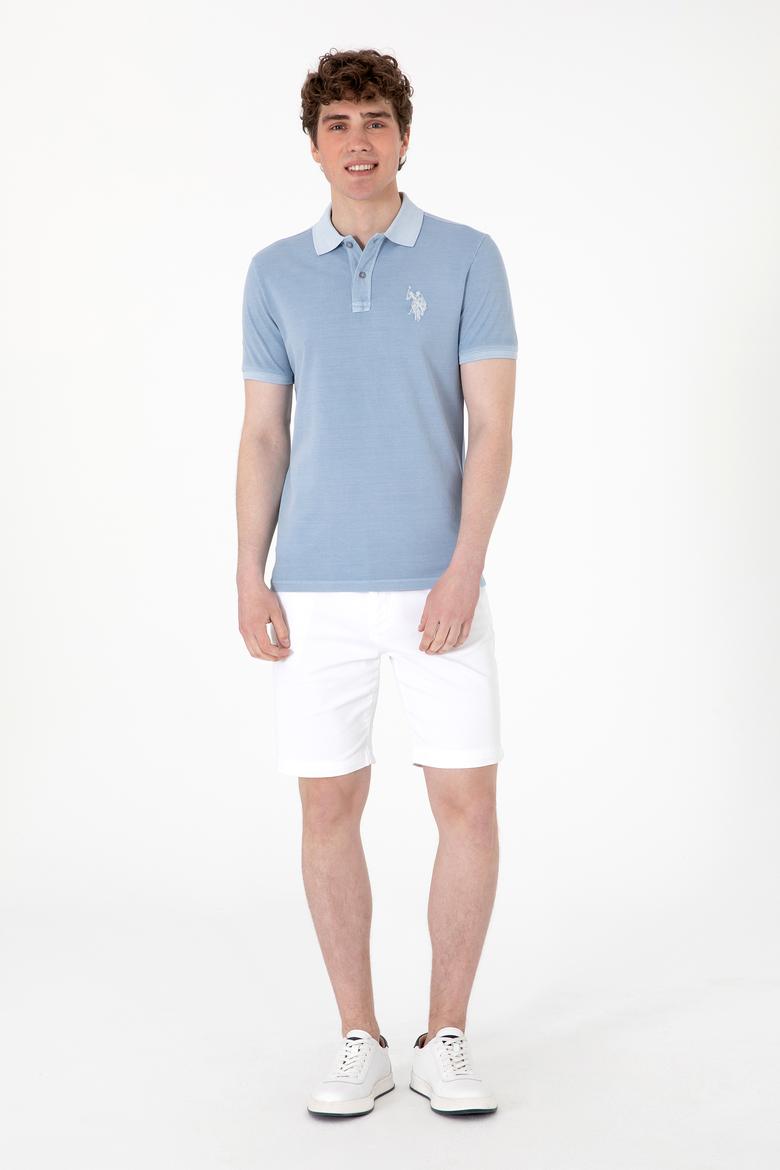 Erkek Slim Fit Polo Yaka Mavi Yıkamalı Basic Tişört - 50298053198