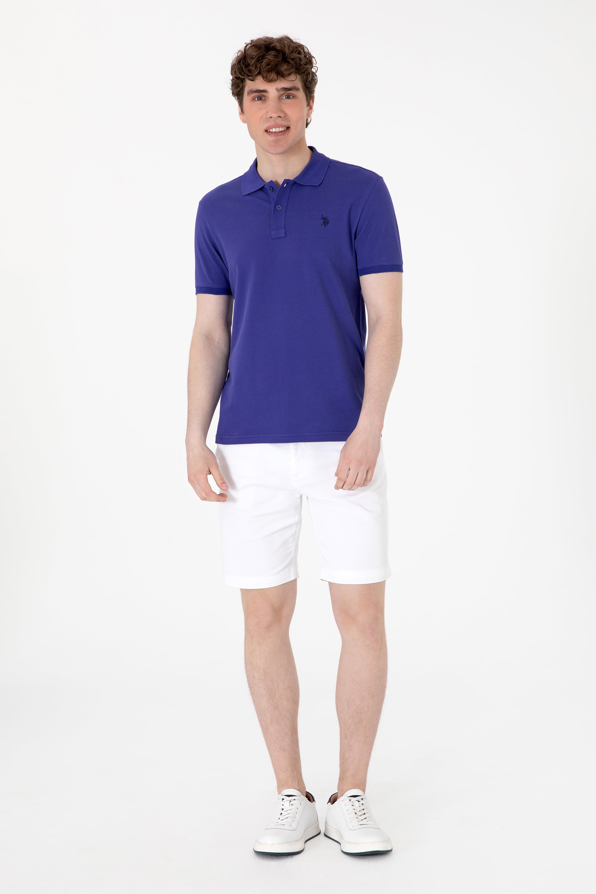 Erkek Slim Fit Polo Yaka Mavi Basic Tişört - Image 4