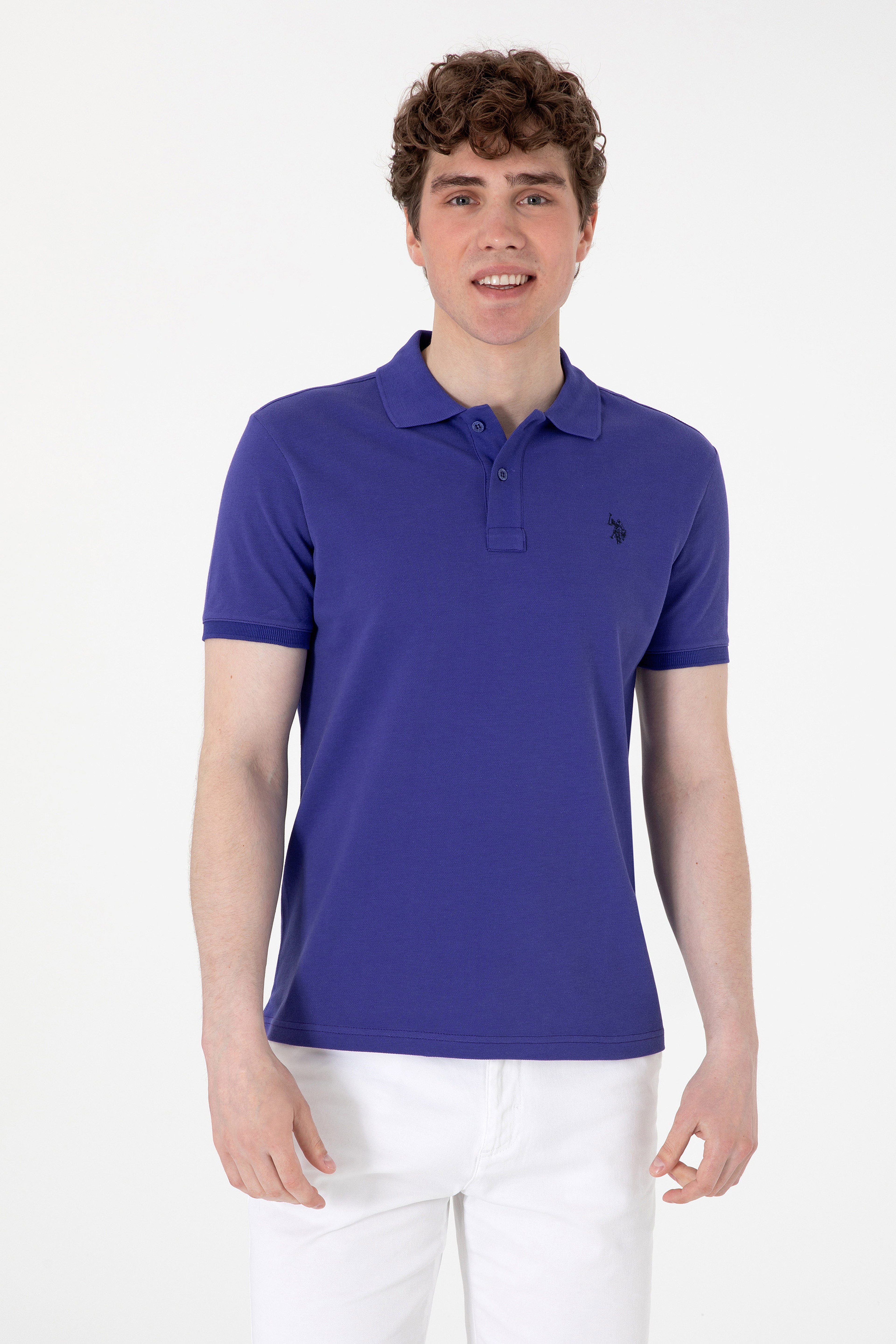Erkek Slim Fit Polo Yaka Mavi Basic Tişört - Image 1