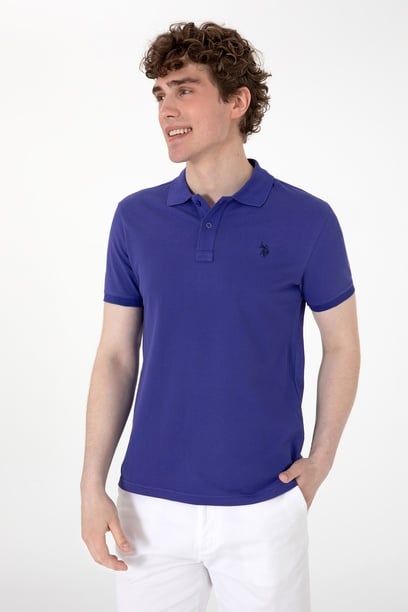 Erkek Slim Fit Polo Yaka Mavi Basic Tişört