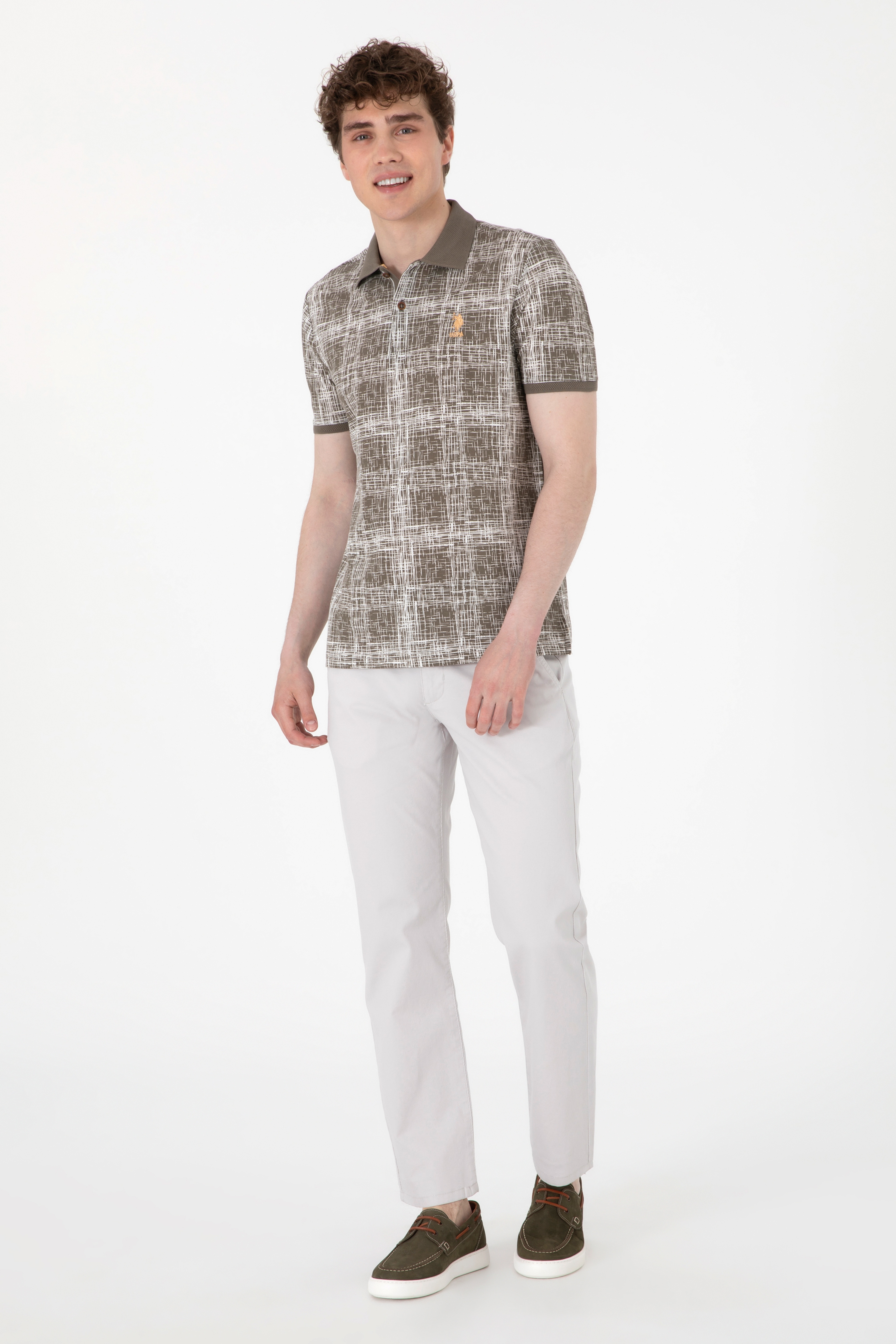 Erkek Regular Fit Polo Yaka Vizon Desenli Tişört