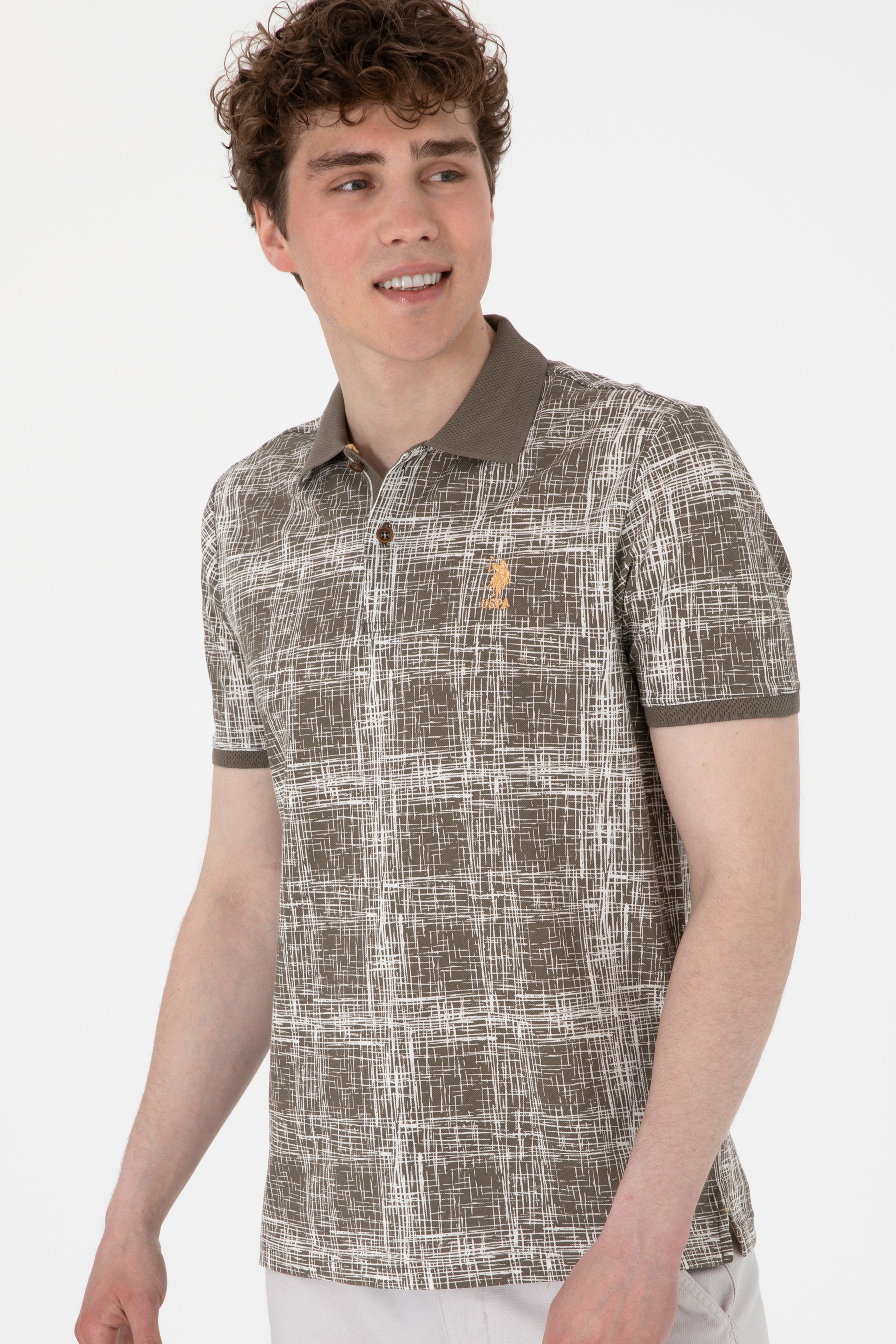 Erkek Regular Fit Polo Yaka Vizon Desenli Tişört