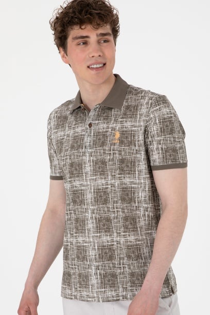 Erkek Regular Fit Polo Yaka Vizon Desenli Tişört