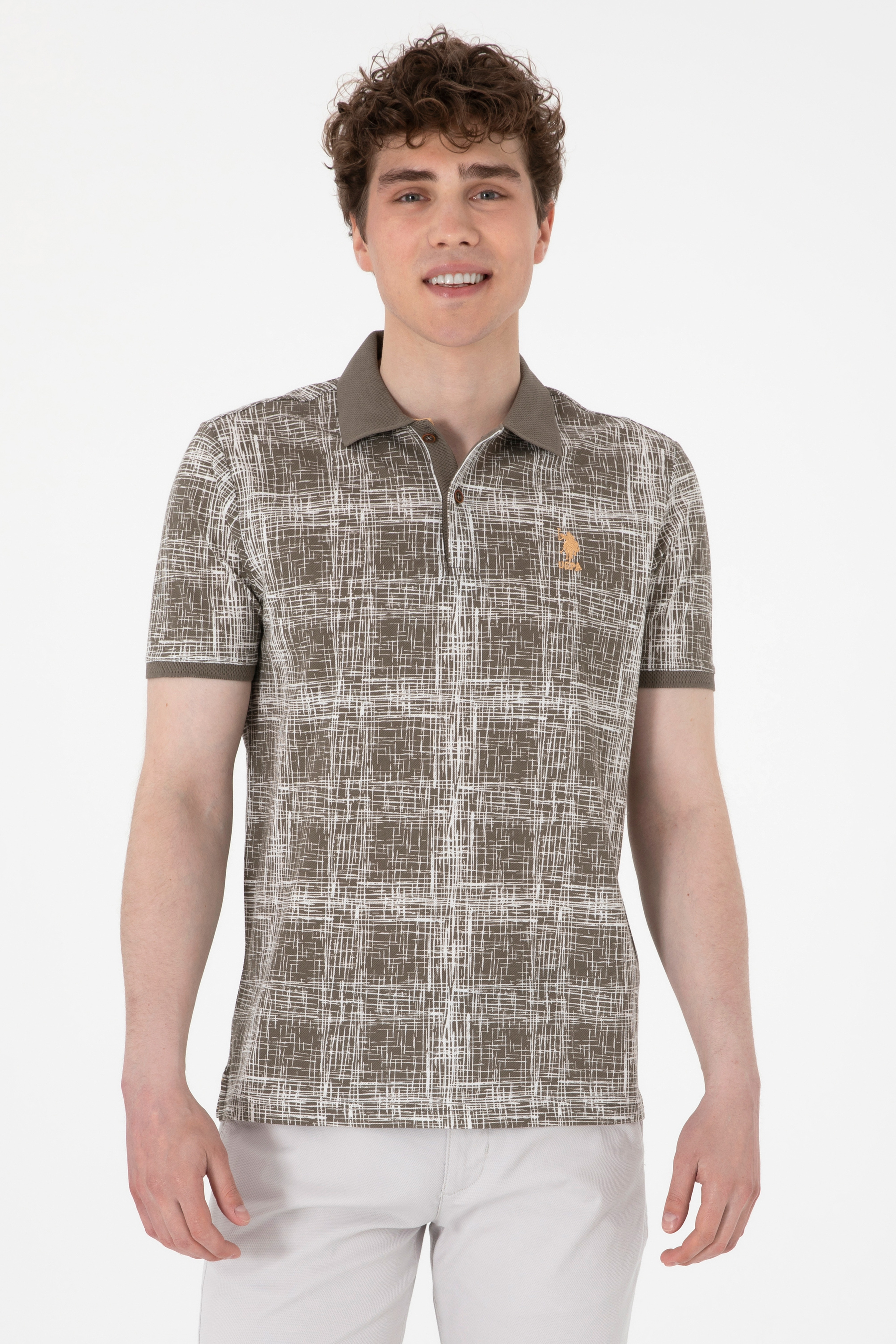 Erkek Regular Fit Polo Yaka Vizon Desenli Tişört - Image 1