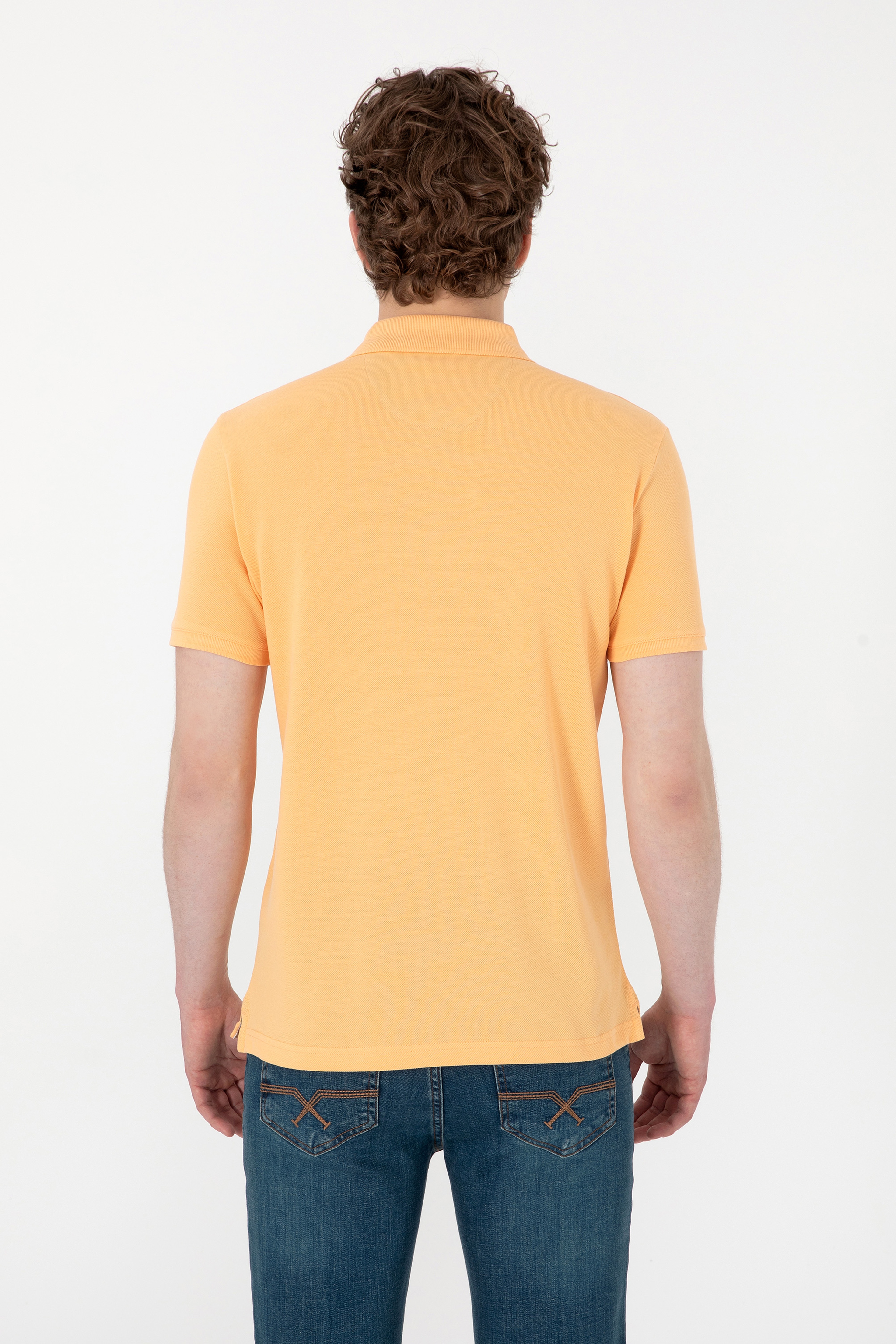 Erkek Slim Fit Polo Yaka Turuncu Basic Tişört - Image 5